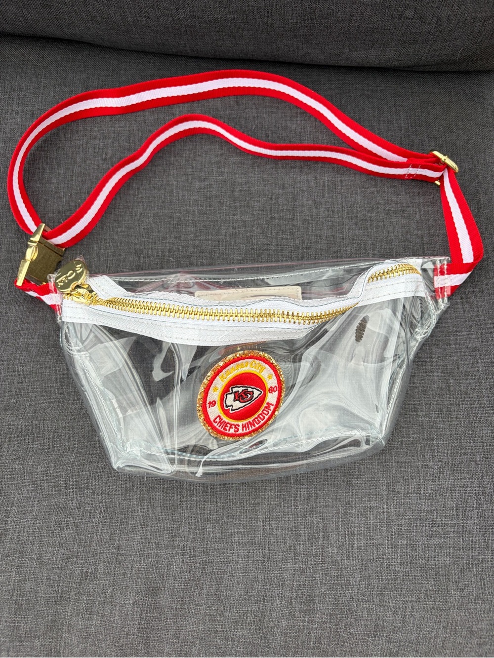 Stoney Clover Lane Clear Crossbody Belt Bag with Red and White Strap